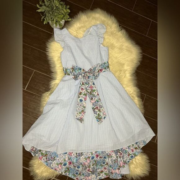 Rare Editions blue & white seersucker Sleeveless Flutter high low Dress sz 16 - Picture 2 of 8